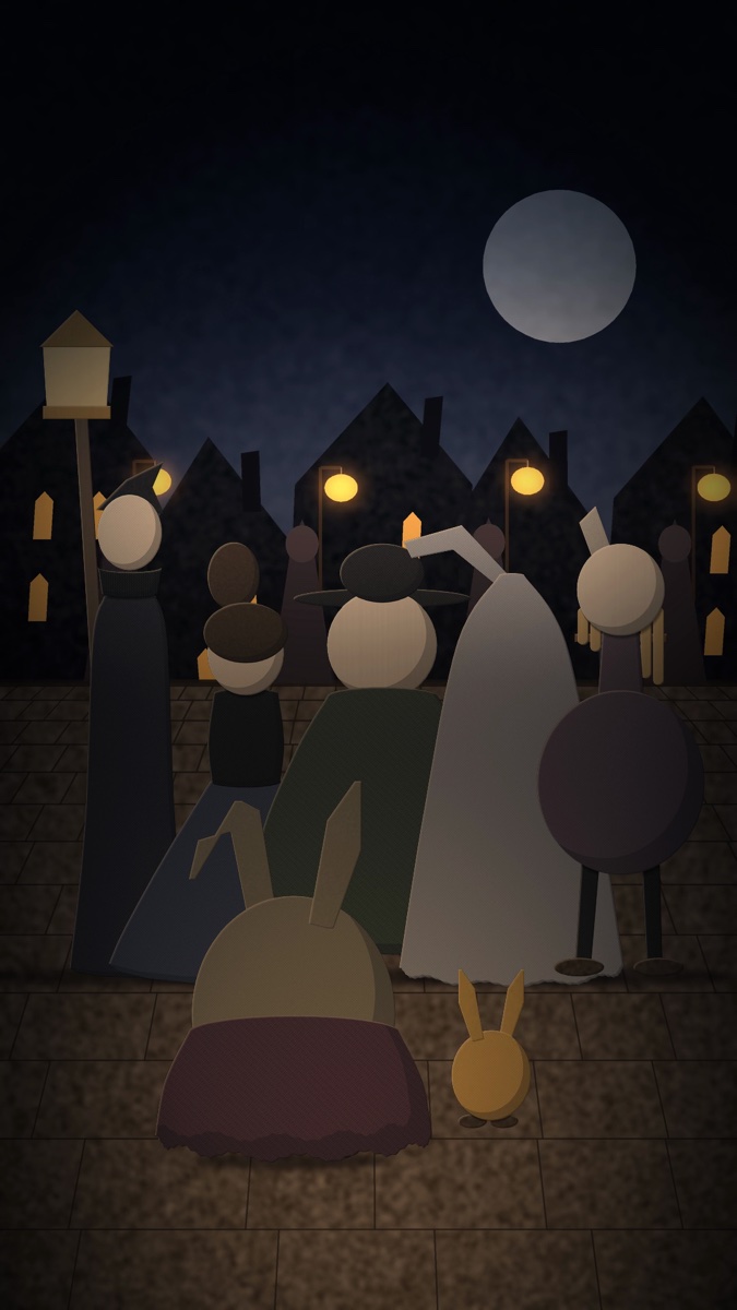 A crowd of paper-cut figures seen from behind, gathered under a full moon and street lamps.