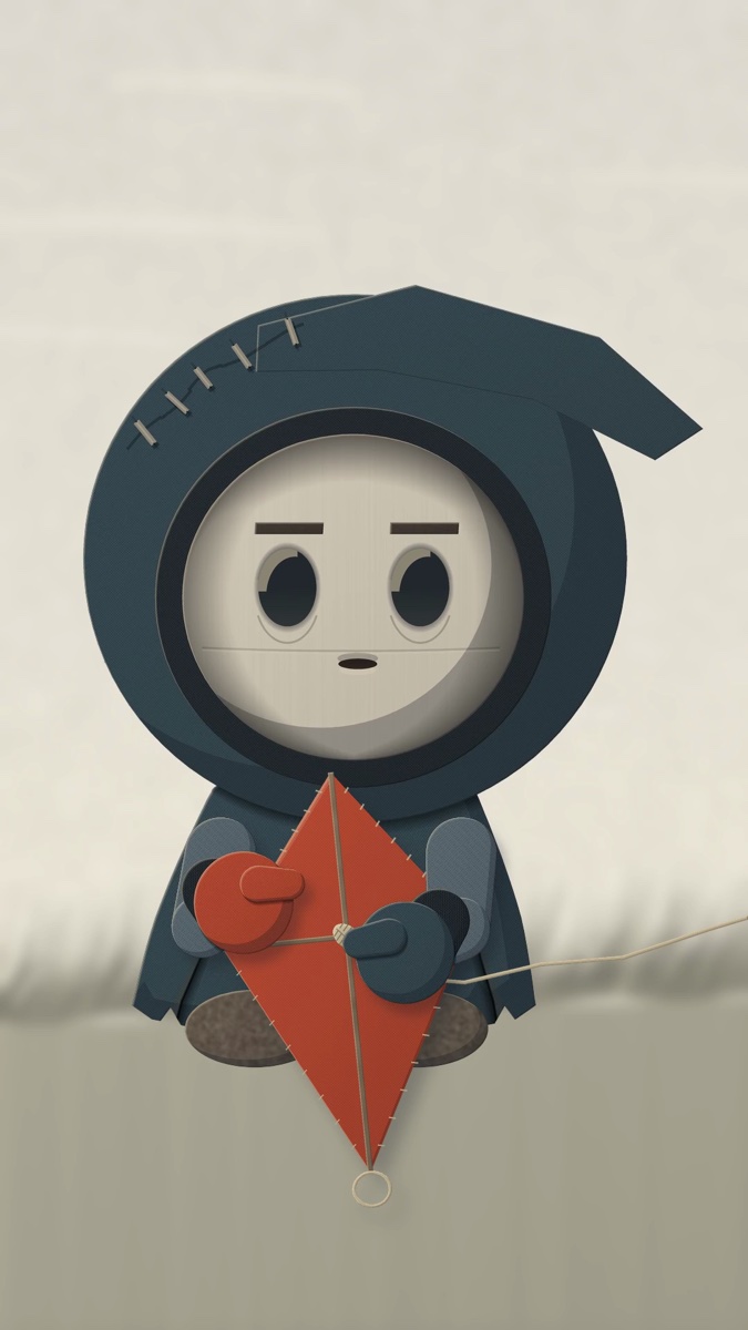 A small hooded figure holds a red kite close, frowning at it.