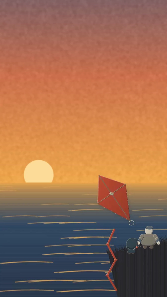 A red kite climbs alone into an orange sunset over the sea.